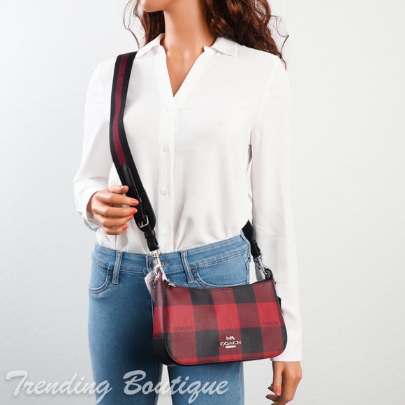 NWT Coach Jes Baguette Crossbody With Buffalo Plaid Print in Black/ Red - Picture 2 of 12